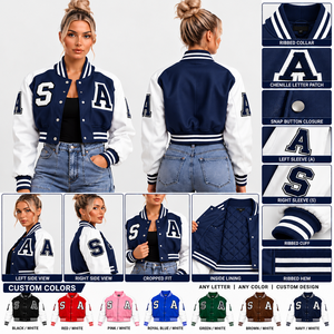 <b>Women</b>’s Custom Cropped Varsity <b>Jacket</b> Purple & White Chenille Letterman <b>Jacket</b> with <b>Embroidered</b> Patches <b>Women's</b> <b>Jackets</b> - Product Image 6