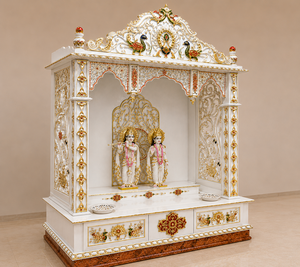 Customized Radha Krishna Temple for Home White And Gold Pooja <b>Mandir</b> With Peacock Carvings With Storage Drawers Puja Unit Sydney - Product Image 3