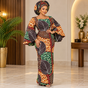 Green Brown Black Floral Leaf Ankara Wax Print Fabric with Botanical Pattern for African Dresses - Product Image 2