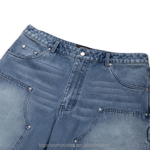 Shorts en jean délavé à taille haute, ornés de perles et de strass, style baggy, personnalisés OEM pour hommes - Product Image 3