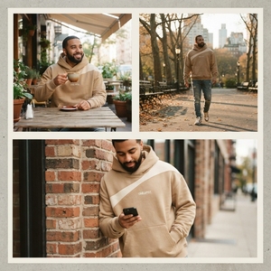 Sudadera con Capucha para Hombre, Color Beige Crema con Rayas, de Algodón y Felpa, con Logotipo Personalizado, Estilo Urbano, Informal, para Invierno - Product Image 5