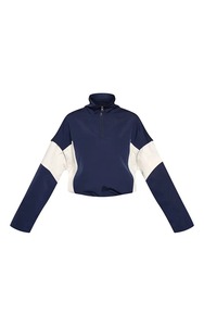 Blouson de motard bleu marine à blocs de couleur contrastés avec fermeture éclair, manches longues, col montant, pour l'automne - Product Image 1