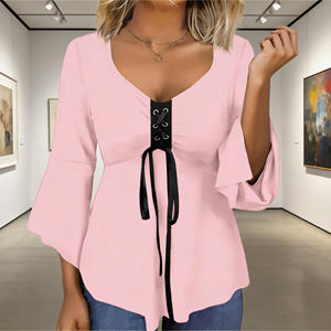 Oferta especial en Temu: Blusa moderna para mujer con cuello en V, cordones en la parte delantera, manga 3/4, dobladillo asimétrico, estilo túnica para oficina, informal o fiesta. - Product Image 1