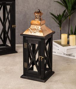 Farol de Madera Vintage, Portavelas Decorativo de Mesa con Tapa Metálica, Decoración Rústica para el Hogar Estilo Granja - Product Image 1