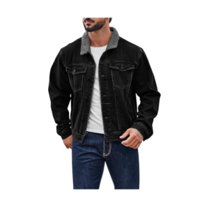 Boomletcorp Winter Wears Vestes en jean imprimées noires personnalisées avec poches partout Vestes en jean noires pour hommes - Product Image 1