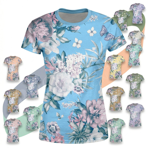 T-shirt de yoga ajusté et personnalisé à imprimé floral pour femme, séchage rapide, extensible, manches courtes, pour fitness et entraînement - Product Image 1