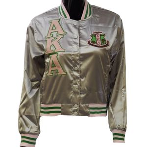 <b>Silver</b> Satin <b>Jacket</b> Women Varsity Style Bomber <b>Jacket</b> Fashion Casual Outerwear Button Front Streetwear Apparel Stylish Wholesale - Product Image 1