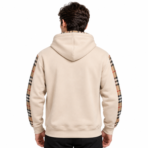 Sweat-shirt à capuche en jersey épais beige doublé, imprimé, avec empiècements à carreaux sur les manches, poche avant, style décontracté pour l'automne - Product Image 3