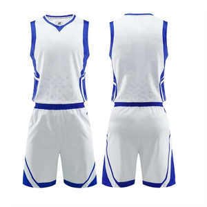 Ensemble de maillot de basket sans manches blanc et bleu à col en V, en maille respirante, unisexe, pour adultes, toutes saisons, impression sublimée - Product Image 3
