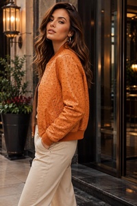 Blouson aviateur en cuir véritable gaufré motif autruche orange pour femme, manches longues, fermeture éclair, col montant, style automne - Product Image 3