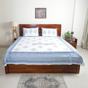 Blue Tree of Life Pattern White Cotton Bedsheet with Pillow Covers Queen Size 90 x 108 Inches Traditional Indian Block Print - Product Image 3