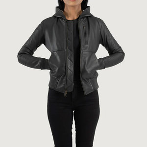 Premium Women Black Real Leather Hooded <b>Bomber</b> <b>Jacket</b> Slim Fit Soft Sheepskin Hoodie <b>Jacket</b> Casual Outerwear Coat - Product Image 1