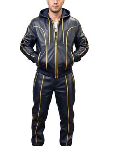 Luxury Men's Navy Blue Leather Tracksuit with Gold Contrast Trim – Hooded Zip-Up <b>Jacket</b> and Tailored Jogger Pants Set - Product Image 2
