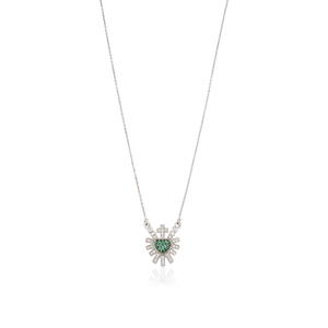Collar con Colgante de Corazón Sagrado con Esmeralda y Diamantes, Diseño Único y Minimalista, Oro Blanco Puro de 14K, Joyería Hecha a Mano para Mujer - Product Image 1