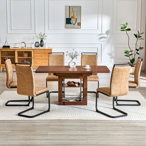 Set Tavolo da Pranzo Allungabile 59-71 Pollici con Piano in MDF Noce e 6 Sedie in Tessuto Tecnologico Marrone, Set per Sala da Pranzo - Product Image 3