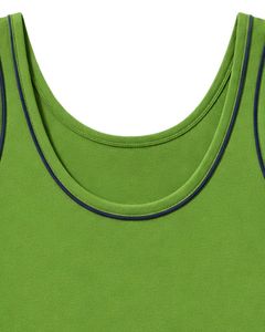 Ensemble décontracté deux pièces pour femme, débardeur vert herbe personnalisé par le fabricant avec short à passepoil bleu marine, tenue de détente douce pour l'été - Product Image 2