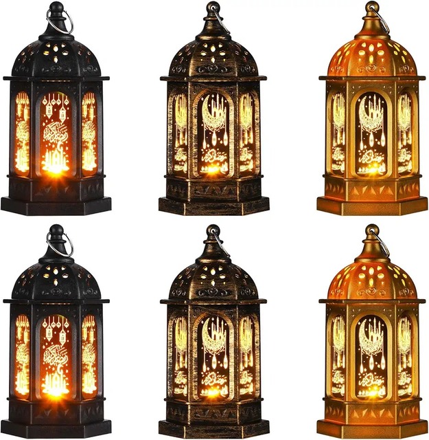 Ramadan Kareem Eid Mubarak LED Lantern Islamic Metal Hanging Table Light Arabic Festival Home Decor Gift