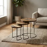 Ensemble de tables d'appoint rondes en bois modernes avec cadre en métal noir, meubles rustiques pour salon
