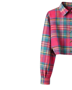 Chemise courte pour femme à carreaux roses personnalisée, col rabattu, manches longues, boutonnée, style décontracté, fabricant OEM - Product Image 3