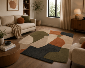 Tapis en laine tufté à la main pour salon, forme irrégulière, mosaïque, tons terreux, olive, terre cuite, style bohème, design personnalisé, OEM - Product Image 3