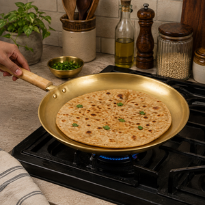 Premium Brass Tawa with Wooden <b>Handle</b> Traditional Indian Flat Fry <b>Pan</b> Heavy Duty Kitchen Cookware for Roti Dosa Cooking - Product Image 3