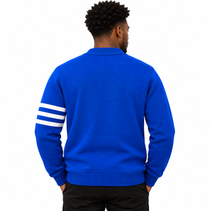 Cárdigan de punto para hombre Phi Beta Sigma azul real con bordado de escudo con letras griegas, mangas a rayas y botones frontales, suéter de fraternidad - Product Image 2