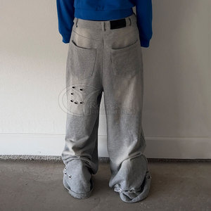 Pantalon de survêtement évasé de haute qualité, effet délavé soleil et usé, style streetwear, coupe oversize - Product Image 2