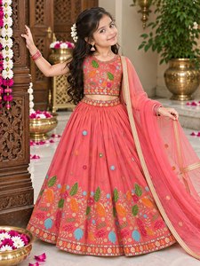 Nouvelle collection de festival, ensemble de lehenga choli en soie orange pour filles, prêt-à-porter, broderie, sans plis, longueur cheville - Product Image 1