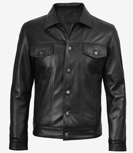 Veste moto en cuir véritable noir pour homme, col rabattu, fermeture à boutons, coupe classique, style automne - Product Image 5