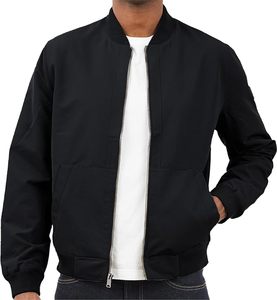 Chaqueta Bomber Negra para Hombre, Cuello Alto, Cierre de Cremallera, Estilo Casual, Corte Regular, para Otoño, Color Sólido - Product Image 1