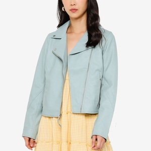 Chaqueta de Moto de Cuero Sintético Azul Claro para Mujer, Manga Larga, Cierre de Cremallera, Cuello Alto, Estilo Primavera - Product Image 6