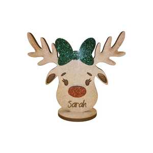 Personalized Wooden Reindeer Decoration With Green <b>Bow</b> And <b>Red</b> Nose Christmas Tabletop Ornament Sarah Name Engraved - Product Image 1