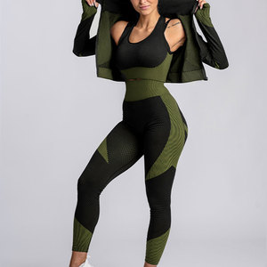Ensemble de yoga pour femme, col roulé, color block, en spandex et polyester, sans couture, extensible dans les quatre sens, taille haute, tenue d'entraînement - Product Image 6