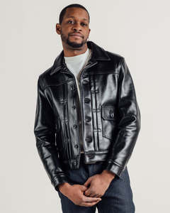 Veste en cuir noir pour homme, style moto, col rabattu, fermeture à boutons, coupe classique, tendance automne - Product Image 1