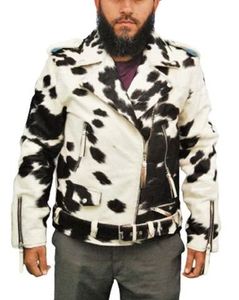 Chaqueta de Motociclista de Cuero Vacuno para Hombre, Cuello Camisero, Cierre de Cremallera, Estampado Animal, Ropa de Invierno, Corte Ajustado, Forro de Piel Sintética - Product Image 1