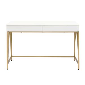 White High Gloss 2-Drawer Writing <b>Desk</b> with Gold Metal Trestle Base Stylish Office <b>Desk</b> - Product Image 1
