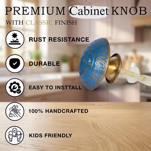 Boutons de meuble ronds en céramique bleue avec motif floral doré, style traditionnel, installation facile pour commode, armoire de cuisine - Product Image 4