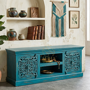 SUREN SPACE SS2723 Purple Solid Wood <b>TV</b> Stand with Carved Panels and Storage Living Room Furniture Rustic Antique <b>Design</b> - Product Image 1