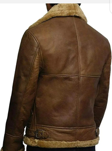Wholesale Men's Genuine Leather Biker Jacket Brown Fur Lined Zipper Closure Winter Moto Style Regular Fit - Product Image 5