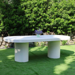 Mesa de comedor ovalada blanca moderna hecha a mano, impermeable, extensible, de hormigón para exteriores, con base de doble pedestal para decoración del hogar. - Product Image 3
