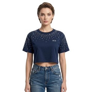 Women Clothing Crystals <b>Rhinestone</b> Crop <b>Top</b> women's shirt Custom Logo embellished Cotton Breathable Streetwear Oversized Fit - Product Image 1