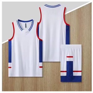 Uniformes de basketball personnalisés imprimés pour équipes et matchs – Couleurs blanc/bleu – 100 % polyester – Anti-humidité et respirant – Vente en gros - Product Image 1