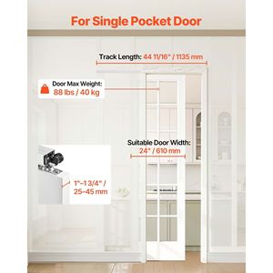 Kit Binario per Porta Scorrevole a Scomparsa da 113,5 cm, Meccanismo Scorrevole Silenzioso e Fluido, Ferramenta Soft Close per Porte Scorrevoli a Scomparsa, Rulli per Porte e Finestre - Product Image 2