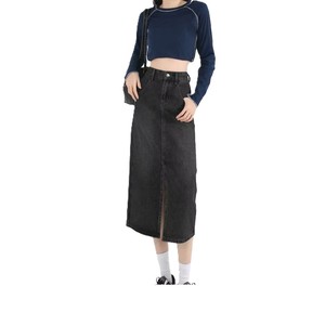 Jupe midi en jean pour femme avec fente avant, coupe crayon, délavée, couleur unie, décontractée, respirante, personnalisable - Product Image 1