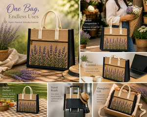 Bolsa de Yute Laminada con Estampado de Lavanda, Bolsillo con Cremallera, Ecológica, Reutilizable, Asa de Cuerda, Personalizable, Venta al Por Mayor - Product Image 6