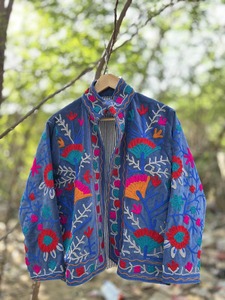 Handmade Velvet Floral Pattern Eco-Friendly Winter <b>Quilted</b> Short Jacket | Boho Bomber Suzani Coat - Product Image 1