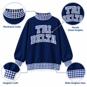 Sudadera Oversize Azul Marino Personalizada para Mujer con Cuello Alto, Apliques de Guingán y Bordado, Estilo Sorority, Venta al por Mayor, Marca Privada, OEM - Product Image 5