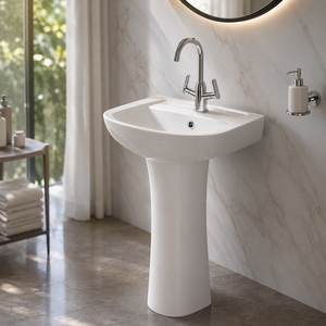 Eras <b>Set</b> One Piece Pedestal Washbasin Rectangular Single Hole Lever Faucet Contemporary Bathroom Sink Floor Mounted Drainer 12L - Product Image 2