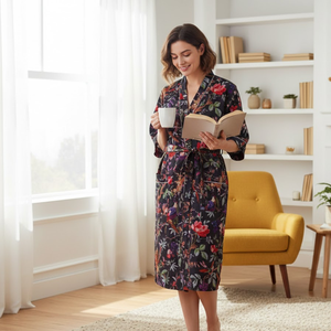 Bata Kimono Floral Negra Ecológica para Mujer, Cuello en V, Mangas Largas, Largo Completo, 2 Bolsillos Delanteros, Ropa de Dormir, Ropa de Estar por Casa Sostenible - Product Image 2