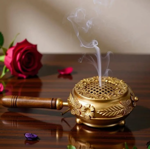 Polished brass <b>tea</b> light oil <b>diffuser</b> and dhoop incense burner stand with handle, available at wholesale prices. - Product Image 3
